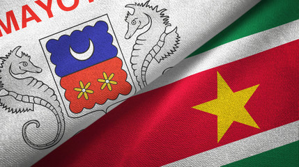 Mayotte and Suriname two flags textile cloth, fabric texture