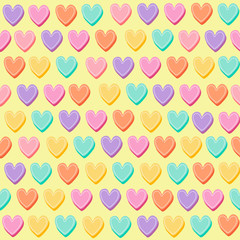 Sweet and colorful seamless pattern. Cute heart shape isolated on white background. Graphic design for valentines, wallpaper, fabric and wrapping.