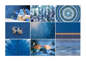 Trendy creative collage in Blue Classic color of the Year 2020. Creativity, needlework, background,...