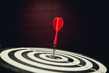 Red dart arrow hitting in the center of bullseye for Business focus concept.