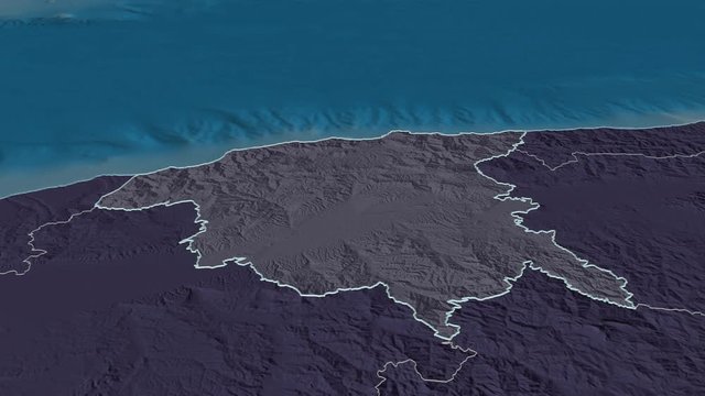 Chlef, province with its capital, zoomed and extruded on the administrative map of Algeria in the conformal Stereographic projection. Animation 3D