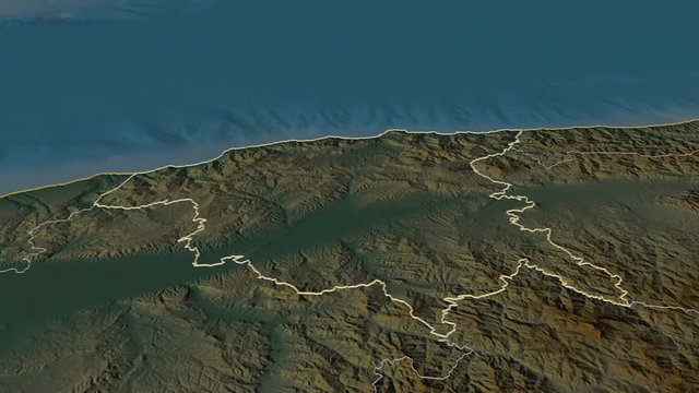 Chlef, province with its capital, zoomed and extruded on the relief map of Algeria in the conformal Stereographic projection. Animation 3D
