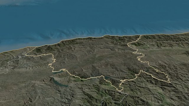 Chlef, province with its capital, zoomed and extruded on the satellite map of Algeria in the conformal Stereographic projection. Animation 3D