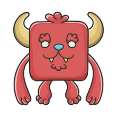 Happy Furry Red Square Devil Cartoon Monster