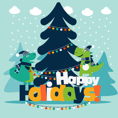 Cute winter holiday illustration with funny dinosaurs. Christmas and New Year vector card