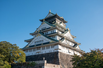 Fototapeta na wymiar Osaka Castle in Osaka with autumn leaves. Japan Travel Concept