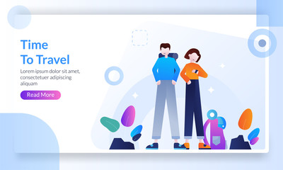 Time to travel concept, trip to world, man tourists traveling with friend or family going on vacation banner, landing page template for banner, flyer, ui, web, mobile app, poster