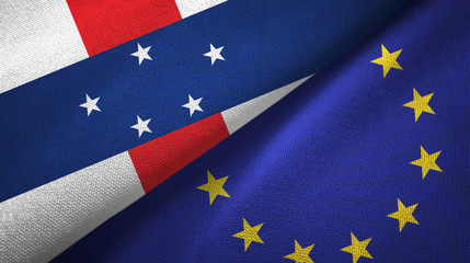 Netherlands Antilles and European Union two flags textile cloth, fabric texture