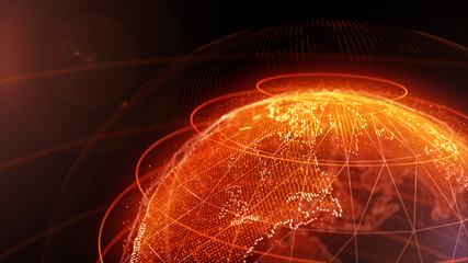 3d World map point. Global network connection. Information technology. Global warming. Light camera lens blur.