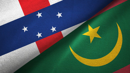 Netherlands Antilles and Mauritania two flags textile cloth, fabric texture