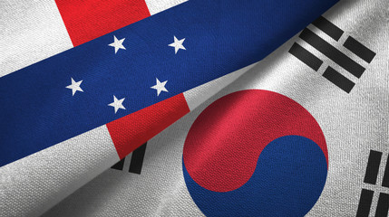 Netherlands Antilles and South Korea two flags textile cloth, fabric texture