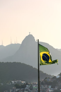 Brazil flag Favela Babilonia and Christ the Redeemer Stock Photo