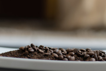 coffee beans on white plate, with dark text space