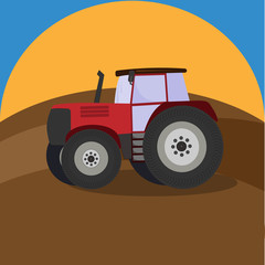 Tractor red on the background of the field and the sun, flat design, vector