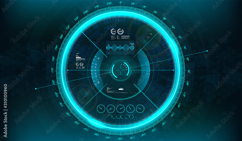 Poster HUD Modern Aiming System with Device tilt level. Futuristic VR Head-up Display Design. View from the cockpit spaceship, drone, helmet, crosshair, aim. Techno target screen element. HUD GUI gadget.