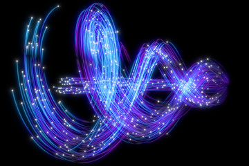 Beautiful abstract flowing traces on a black background. Glowing dots. 3d rendering image.
