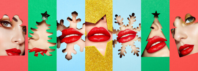 Women's faces in colored paper. Bright plump red lips. Bright festive makeup. Conceptual collage of...