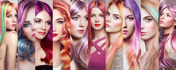  Beauty fashion collage girls with colorful dyed hair. Faces of women. Girl with perfect makeup and pink hairstyles © Oleg Gekman