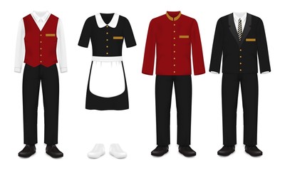 Hotel staff uniform set, vector illustration isolated