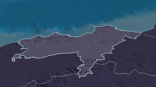 Oran, province with its capital, zoomed and extruded on the administrative map of Algeria in the conformal Stereographic projection. Animation 3D