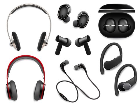 Realistic wireless headphones set, vector isolated illustration