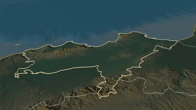 Oran, province with its capital, zoomed and extruded on the relief map of Algeria in the conformal Stereographic projection. Animation 3D