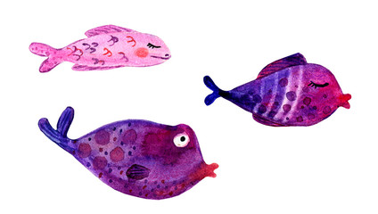 set of purple fishes in watercolor on a white background