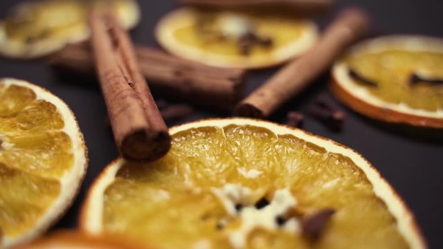 traditional christmas spices,close-up from dryed oranges, cinnamon and cloves