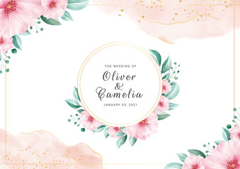 Fototapeta na wymiar Horizontal floral frame background for wedding invitation card template with watercolor flowers and gold decoration. Save the date, invitation, greeting card vector
