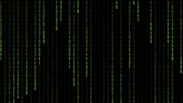 Technology digital matrix fall in dark or black background with random number 0 to 9 or number in ufo green color.
