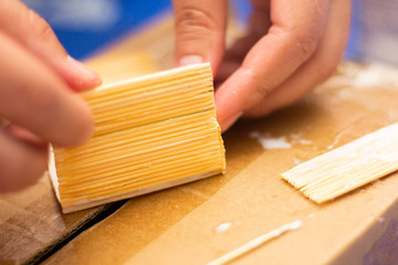  Craft work using small pieces of wood to make a model house.