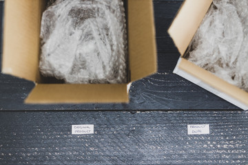original product vs dupe imitation label inside delivery parcel boxes from online purchases