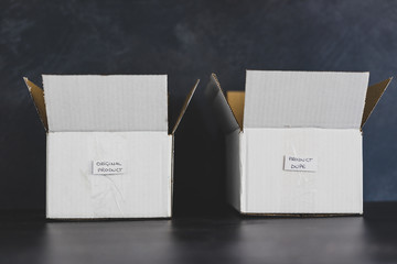 original product vs dupe imitation label inside delivery parcel boxes from online purchases
