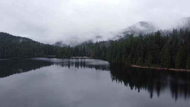 Winter lake with the forest around and the morning clouds
