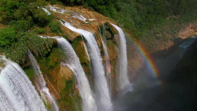 Aerial drone shot of the water fall Tamul in San Luis Potosi Mexico ,water fall in mexico,