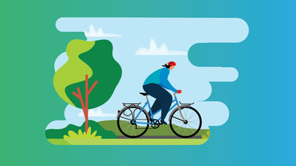 Naklejka na ściany i meble Vector in flat design of people outdoor in the park on weekend. Bike for the city. Bicycle vector illustration.