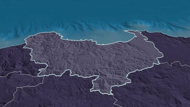 Skikda, province with its capital, zoomed and extruded on the administrative map of Algeria in the conformal Stereographic projection. Animation 3D