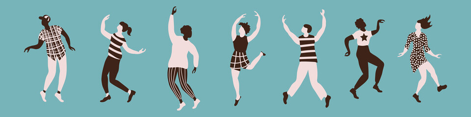 Horizontal poster with international dancing poses silhouettes. Set of people isolated on blue background. Vector illustration.