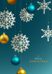 Holiday greeting card design. Winter Background with paper Snowflakes.