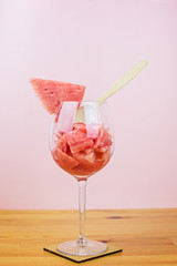 Watermelon granite in a large glass. Beach dessert