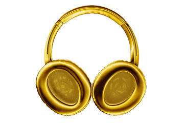 Golden wireless headphones on white background isolated close up, luxury gold bluetooth headset, modern wi-fi yellow metallic earphones, audio logo, music symbol, stereo sound icon, electronics sign