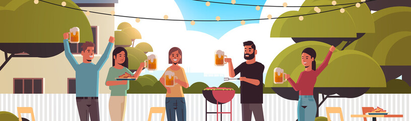 friends preparing hot dogs on grill and drinking beer happy men women group having fun backyard picnic barbecue party concept flat portrait horizontal vector illustration
