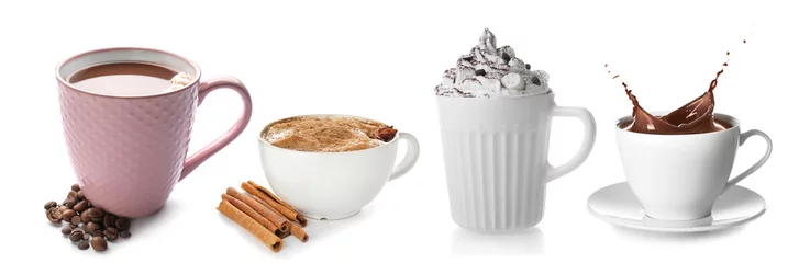 Muurstickers Koffie Plons van cacao in kop op witte achtergrond