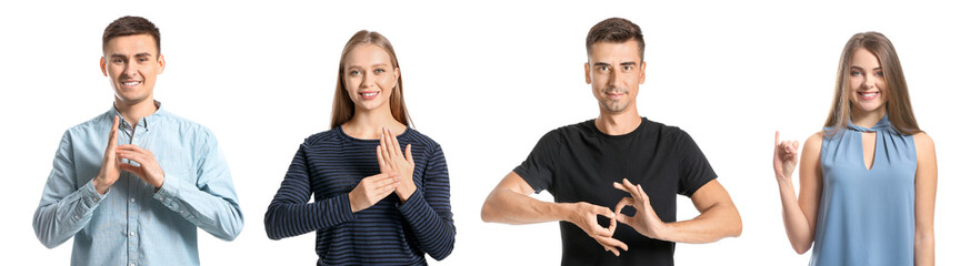 Deaf mute people using sign language on white background © Pixel-Shot