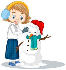 Girl making snowman on isolated background