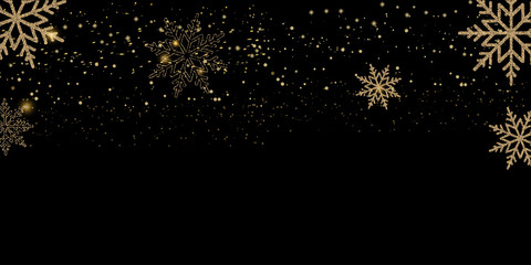 Christmas or Happy New Year card background with falling gold snowflakes on black. Vector