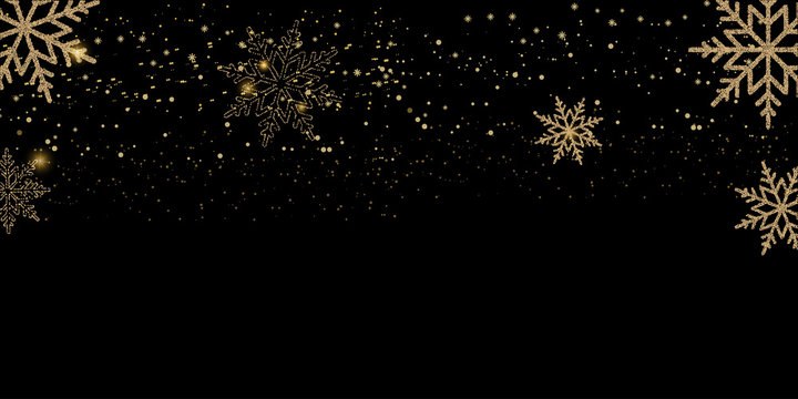 Christmas or Happy New Year card background with falling gold snowflakes on black. Vector