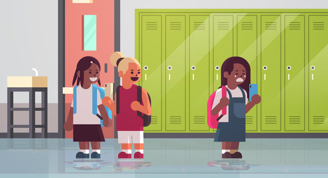 schoolgirl being bullied by text message mix race schoolchildren classmates mocking girl peer violence and bullying concept modern school corridor flat full length horizontal vector illustration