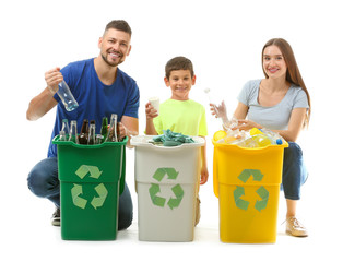Family with containers for garbage on white background. Concept of recycling