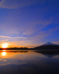 Mount Fuji and sunrise of Morning glow of Lake Kawaguchi Yamanashi Prefecture Japan 12/16/2019